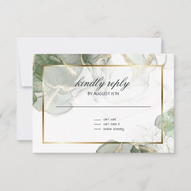 Muted Sage Gold Marbled RSVP Card (Front)