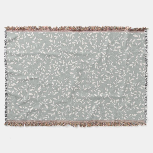 Muted Sage Green and Cream Botanical Vine Pattern Throw Blanket (Front)