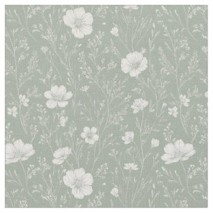 Muted Sage Green And White Wildflower Pattern Fabric