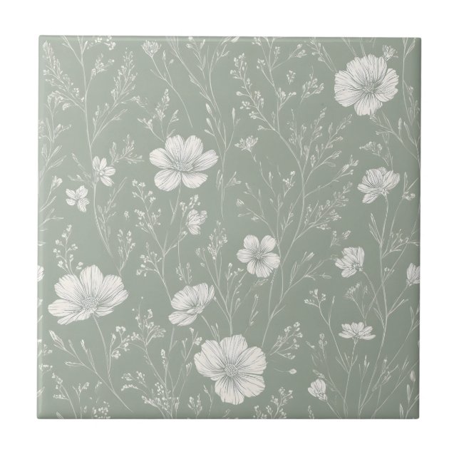 Muted Sage Green And White Wildflower Pattern Tile (Front)