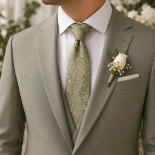 Muted Sage Olive Botanical Tie