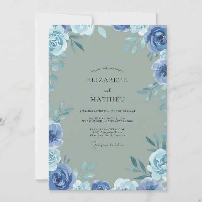 Muted Sage Periwinkle Leafy Wedding Invitation (Front)