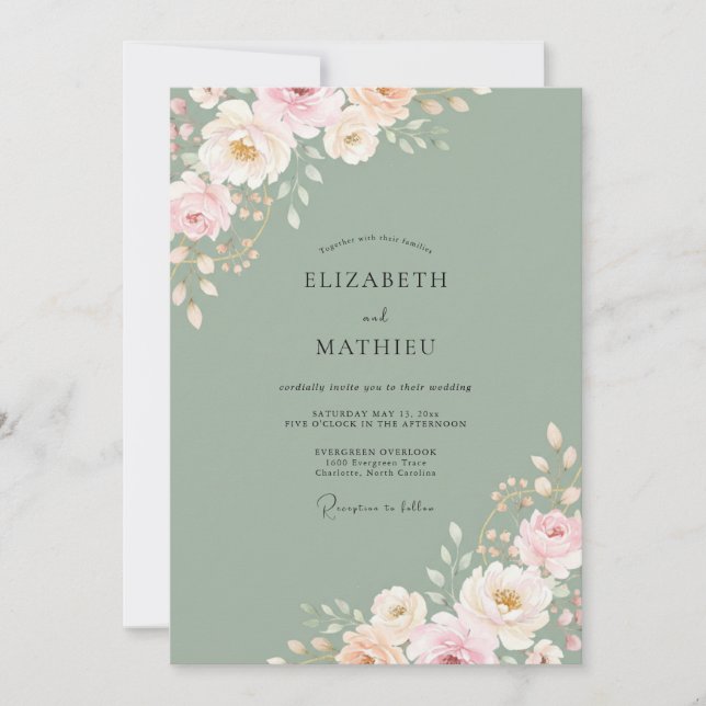 Muted Sage Pink Ranunculus Eucalyptus Wedding Invitation (Front)