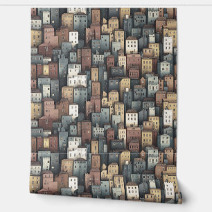 Muted Sandy Colour Whimsical Playful Cubistic Town Wallpaper