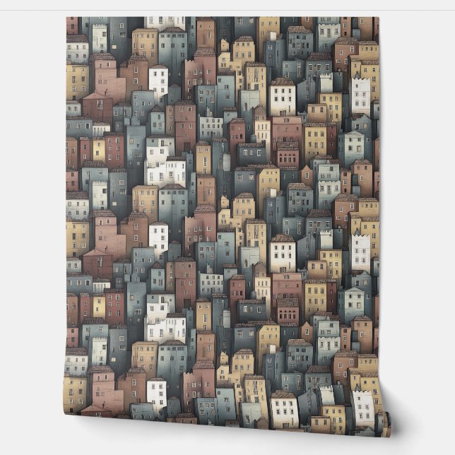 Muted Sandy Colour Whimsical Playful Cubistic Town Wallpaper (Unrolling)