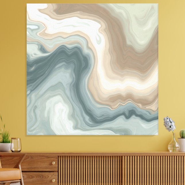 Muted Soft Blue Green Brown Abstract Coastal Print (Insitu(LivingRoom))