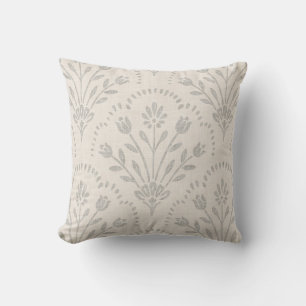 Muted Soft Grey Floral Scallop Block Print Cushion