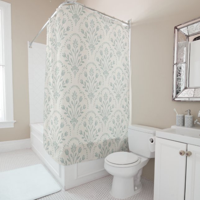 Muted Soft Sage Green Folk Floral Scallop Pattern Shower Curtain (In Situ)