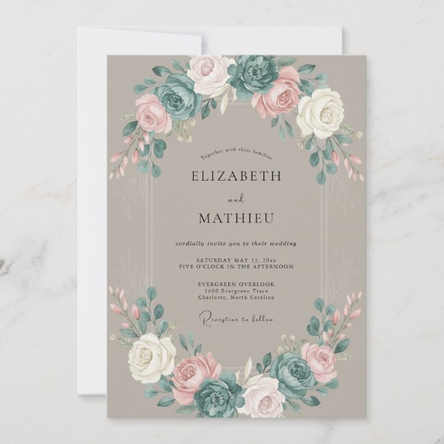 Muted Taupe Peony Wedding Invitation (Front)