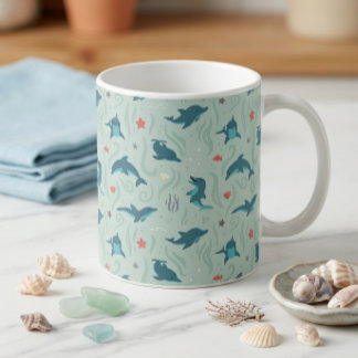 Muted Teal Dolphin Pattern Coffee Mug