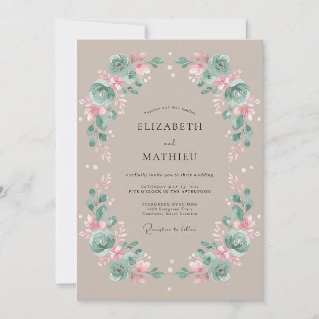 Muted Teal Earthy Vintage Wedding Invitation (Front)