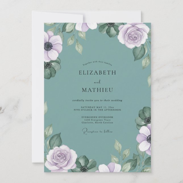 Muted Teal Ranunculus Eucalyptus Wedding Invitation (Front)