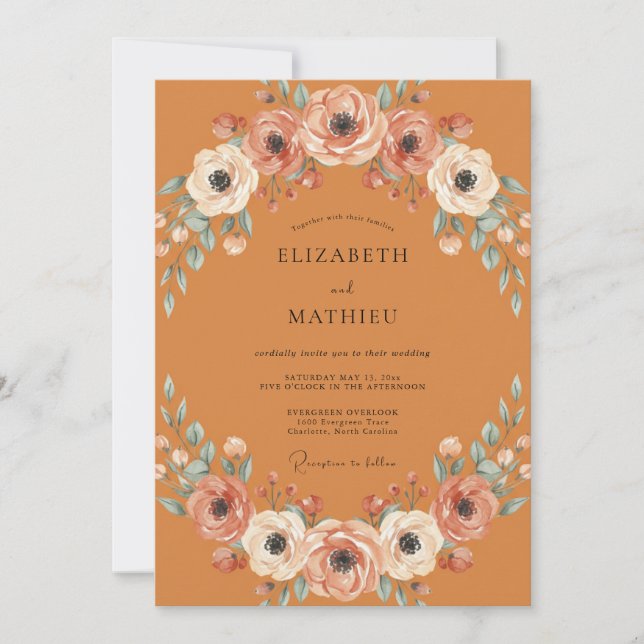 Muted Terracotta Apricot Wreath Wedding Invitation (Front)
