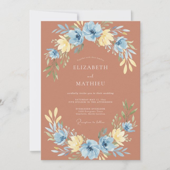 Muted Terracotta Azure Wildflower Wedding Invitation (Front)