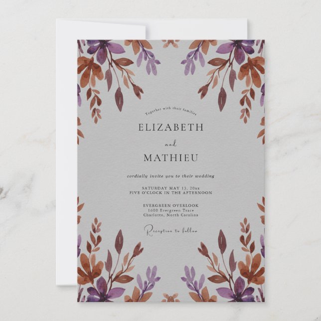 Muted Terracotta Plum Leafy Wedding Invitation (Front)
