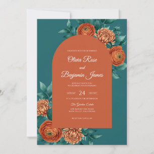 Muted Terracotta Teal Dahlia Wedding Invitation