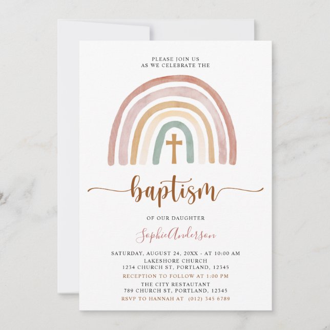 Muted Tones Boho Rainbow Baptism Invitation (Front)