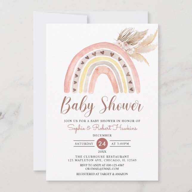 Muted Tones Boho Rainbow Pampas Grass Baby Shower  Invitation (Front)