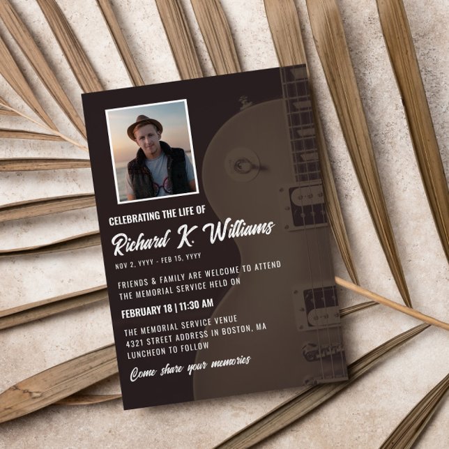 Muted Tones Guitar Photo Celebrating the Life Invitation (Creator Uploaded)