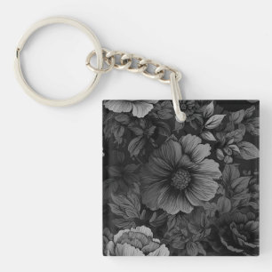 Muted Tones of Grey Floral  Key Ring