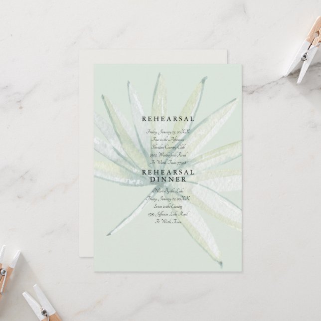 Muted Tropical Foliage Wedding Mint Rehearsal  Invitation (Front/Back In Situ)