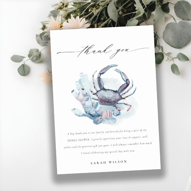 Muted Underwater Crab Coral Nautical Bridal Shower Thank You Card (Creator Uploaded)