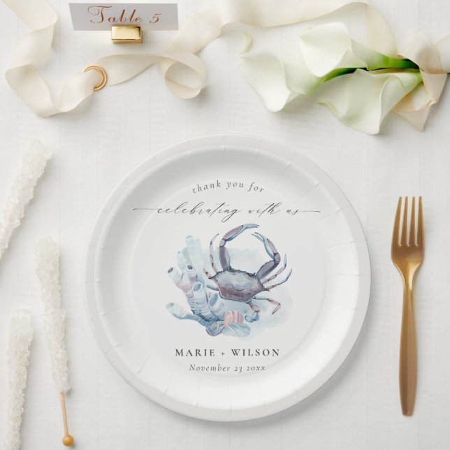 Muted Underwater Crab Coral Nautical Wedding Paper Plate (Wedding)