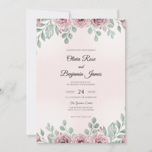 Muted Vintage Mauve Leafy Wedding Invitation