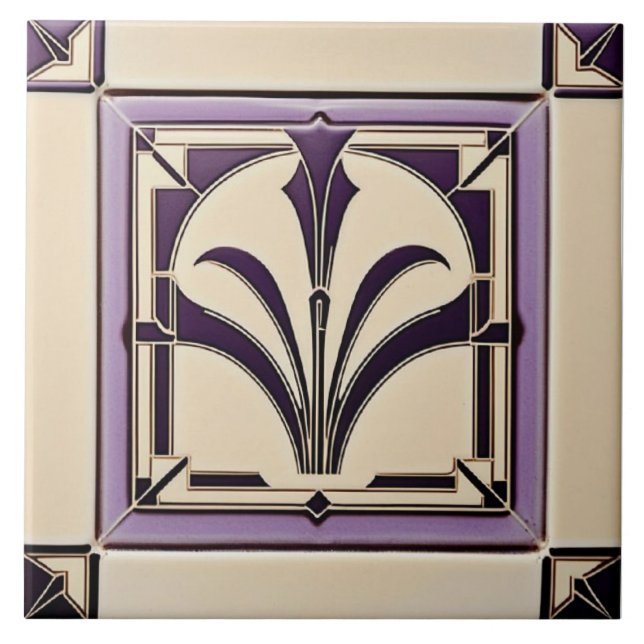 Muted Violet and Cream Art Deco Ceramic Tile (Front)