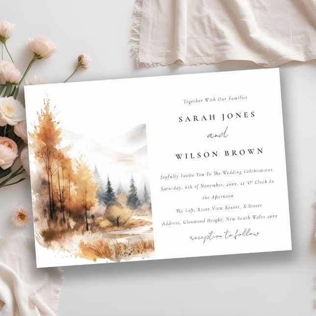 Muted Watercolor Fall Autumn Landscape Wedding Invitation (Creator Uploaded)
