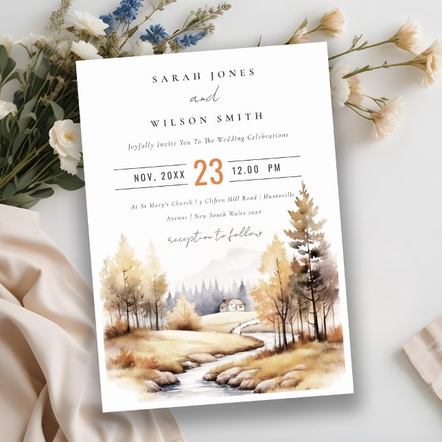 Muted Watercolor Fall Autumn Landscape Wedding Invitation (Creator Uploaded)