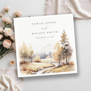 Muted Watercolor Fall Autumn Landscape Wedding Napkin