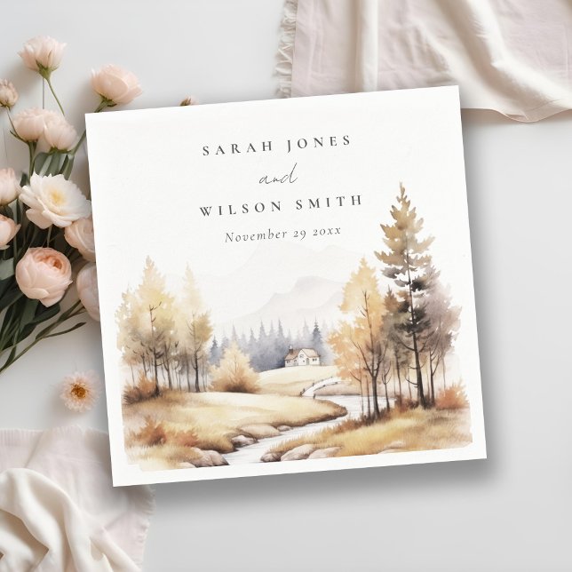 Muted Watercolor Fall Autumn Landscape Wedding Napkin (Creator Uploaded)