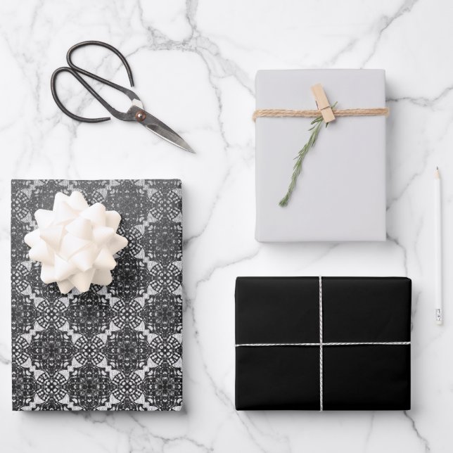 MVB Black Faux Lace Grey Wrapping Paper Sheet (Front)
