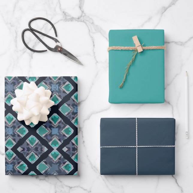 MVB Double Diamond Tribal Blue Pattern Wrapping Paper Sheet (Front)