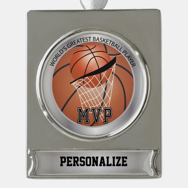 MVP Basketball Player | DIY Name Silver Plated Banner Ornament (Front)