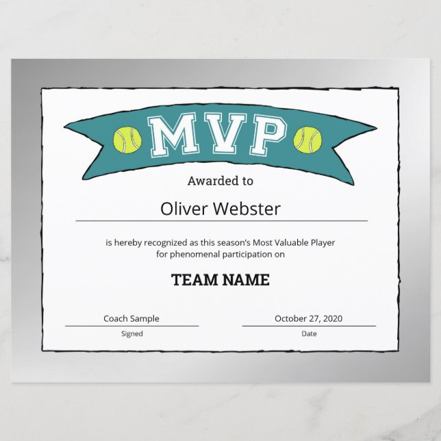MVP Player - MVP Certificates - Tennis Certificate (Front)