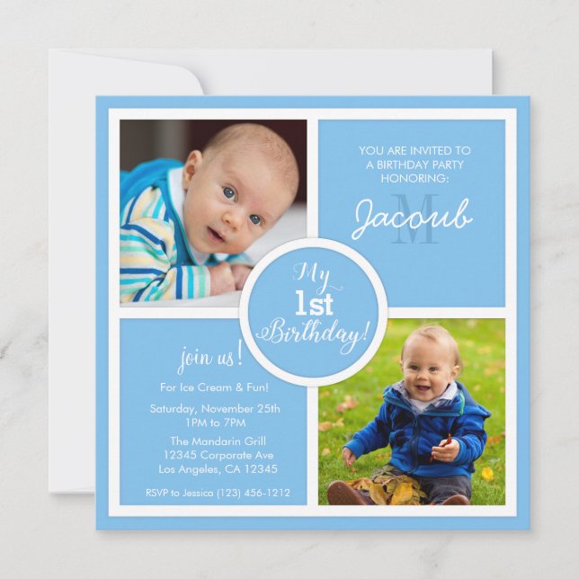 My 1st Birthday (first) -Sky Blue Squares & photo Invitation (Front)