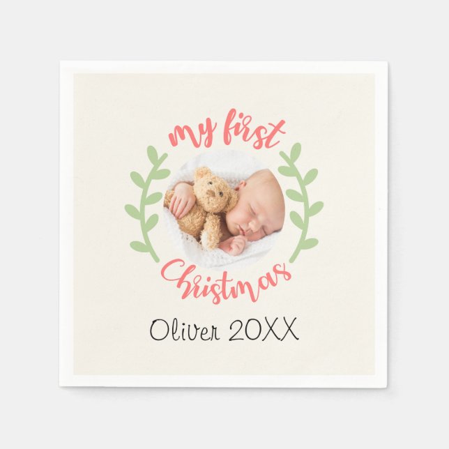 My 1st Christmas Baby Name PHOTO Wreath Holiday  Napkin (Front)