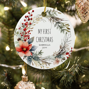 My 1st Christmas Botanical Festive Wreath Ceramic Tree Decoration