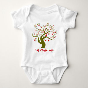 My 1st Christmas Cute Bird Swirl Tree Baby Bodysuit