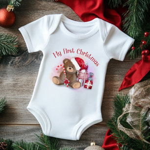 My 1st Christmas Cute Candy Cane Bear Modern Baby Bodysuit