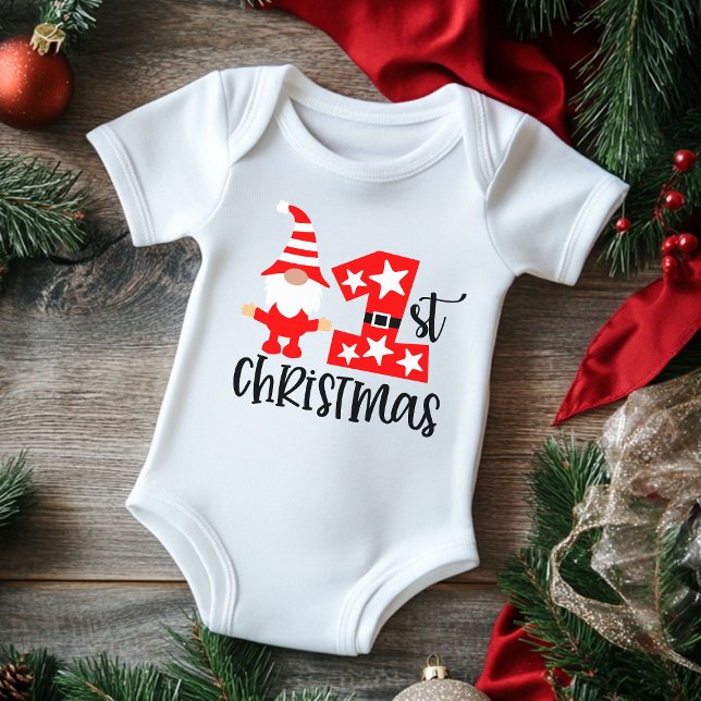 My 1st Christmas Cute Gnome Santa Modern Baby Bodysuit (Creator Uploaded)