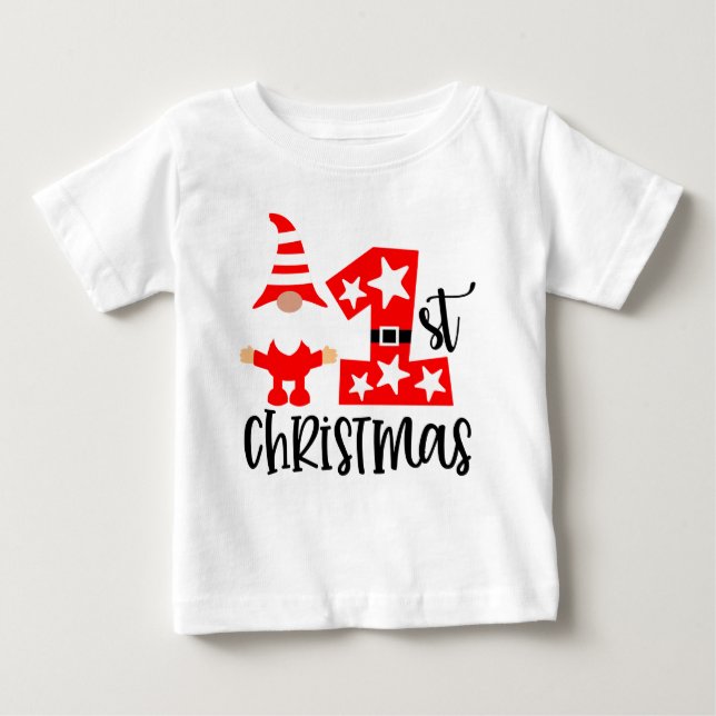 My 1st Christmas Cute Gnome Santa Modern Baby T-Shirt (Front)
