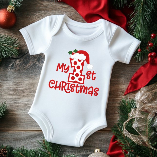 My 1st Christmas Cute Modern Polka Dot Santa Hat Baby Bodysuit (Creator Uploaded)