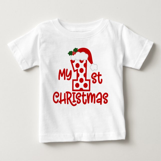 My 1st Christmas Cute Modern Polka Dot Santa Hat Baby T-Shirt (Front)
