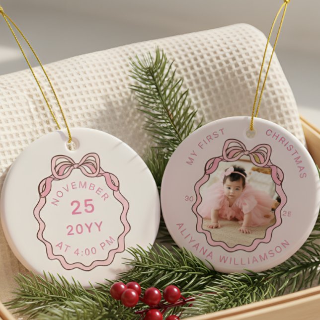 My 1st Christmas Pink Bow Baby Photo Keepsake  Ceramic Tree Decoration (Creator Uploaded)