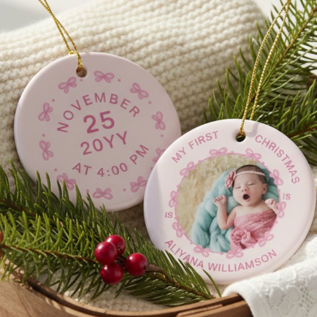 My 1st Christmas Pink Bow Baby Photo Keepsake  Ceramic Tree Decoration (Creator Uploaded)