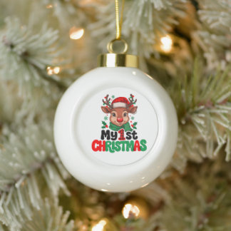 My 1st Christmas Reindeer Buffalo Plaid Baby Xmas Ceramic Ball Christmas Ornament