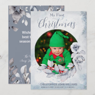 My 1st Christmas Silver Floral Baby Photo Holiday Card